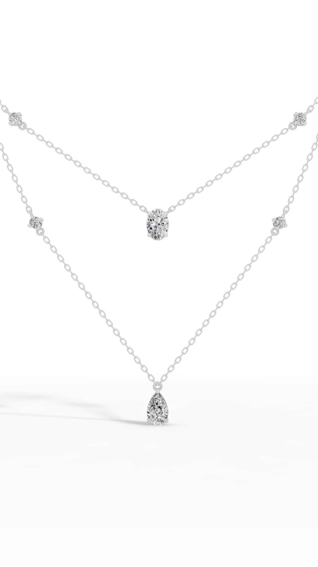 Delicate Layered Necklace With Pear, Oval & Round Cut With Chain Lab Grown Diamonds 10K White Gold 2.5 CTW