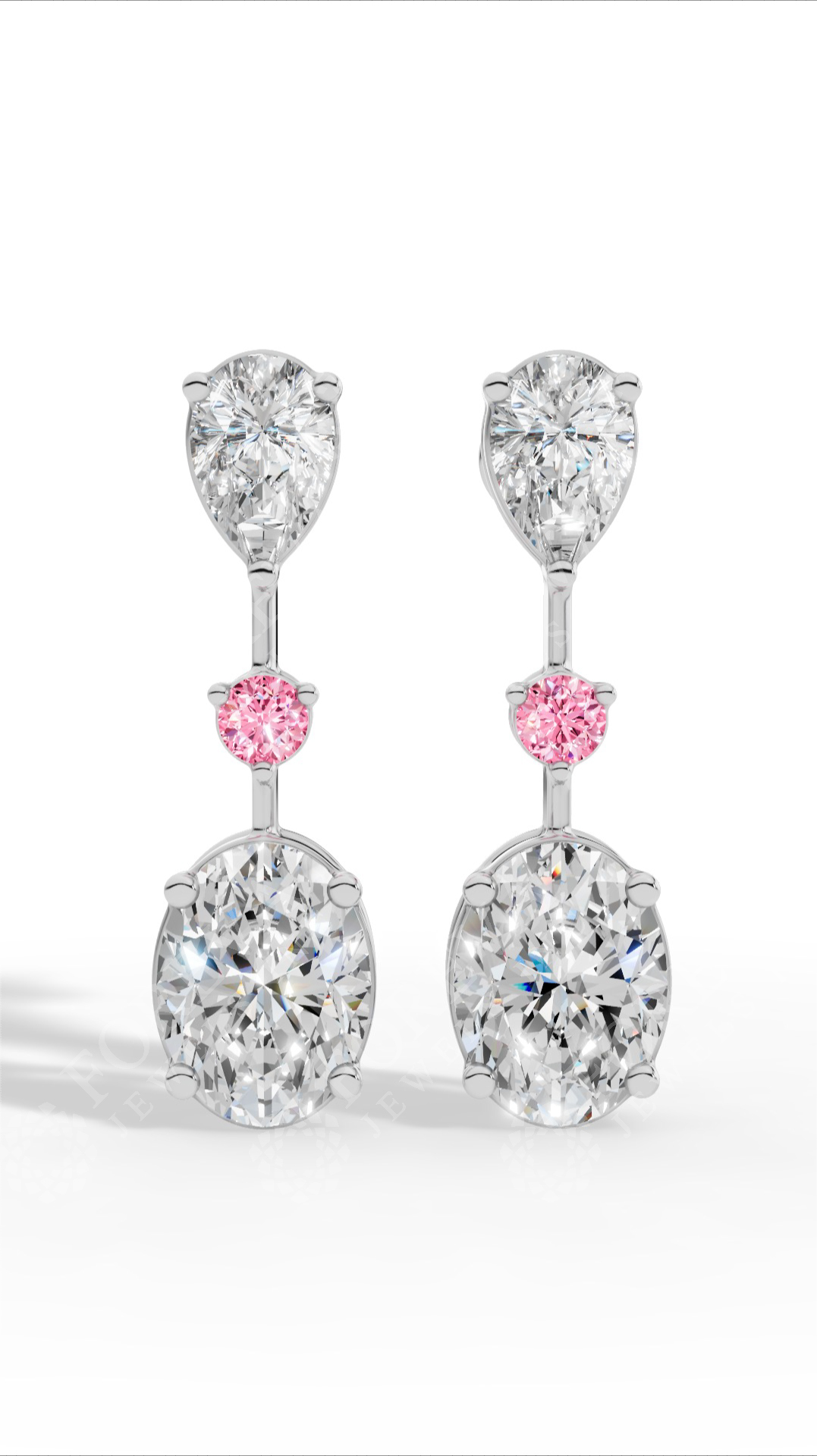 Double Charm Drop Earrings With Combination Of Pear, Pink Round & Oval Cut Lab Grown Diamonds 10K White Gold 2.8 CTW