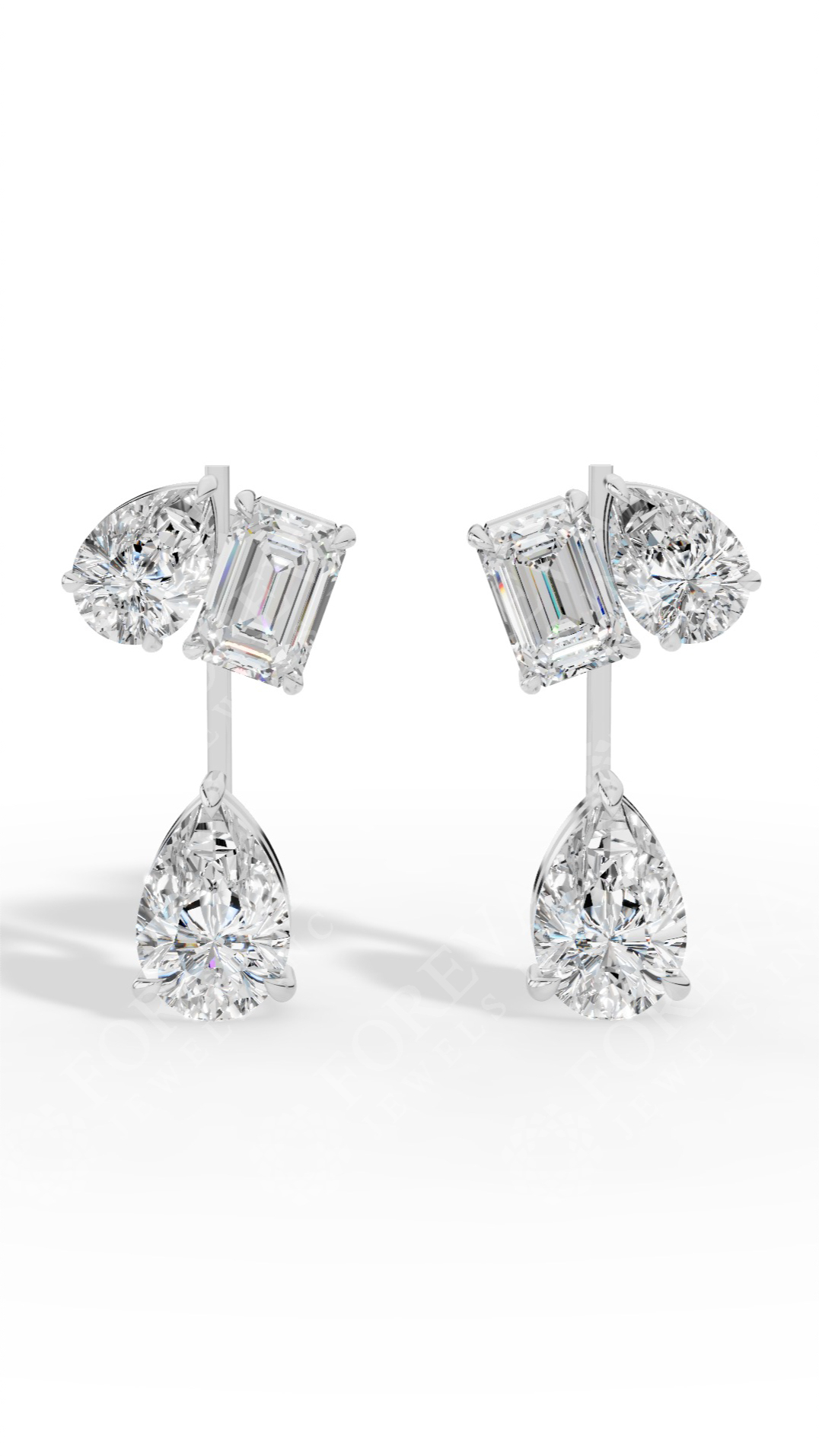 Multi Stone Cascade Duet Earrings With Emerald And Pear Cut Lab Grown Diamonds 10K White Gold 5.4 CTW