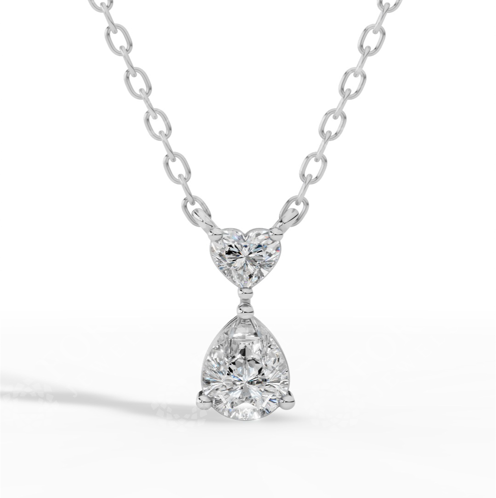 Tear Drop Double Charm Chained Necklace With Heart And Pear Cut Lab Grown Diamonds 10K White Gold 0.8 CTW