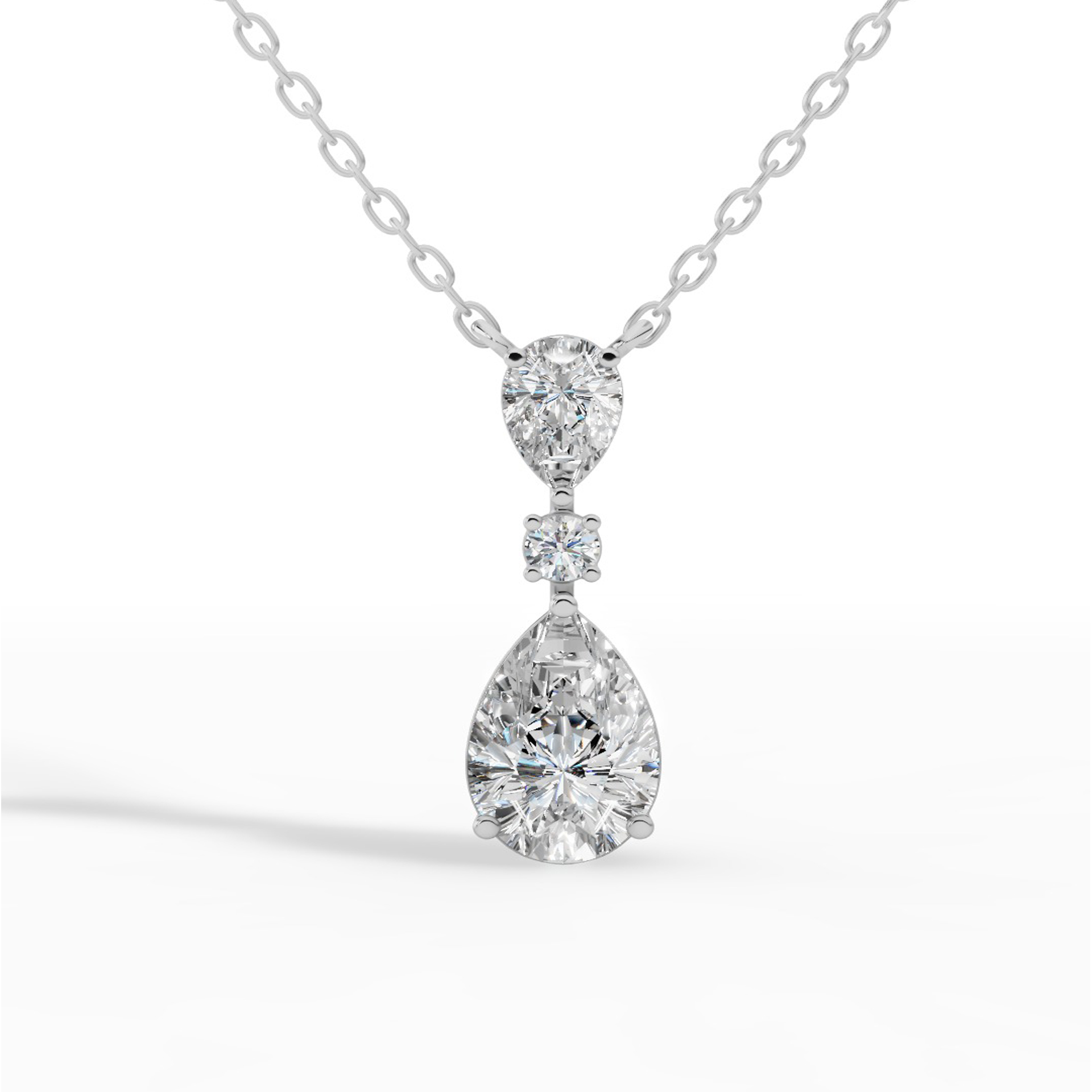 Tear Drop Three Stone Necklace Embracing Perfect Pear And Round Cut With Chain Lab Grown Diamonds 10K White Gold 2.5 CTW