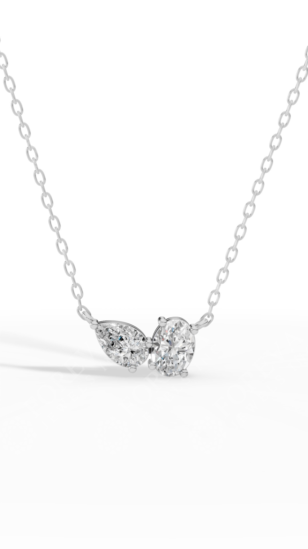 Toi Et Moi Oval And Pear Cut Necklace With Chain Lab Grown Diamonds 10K White Gold 1.5 CTW