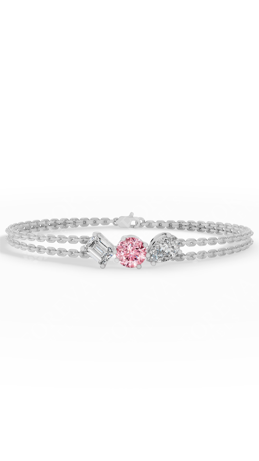 Trio Of Light Pink Rounds With Pear & Emerald Cut Delicate Double-Strand Bracelet Lab Grown Diamonds 10K White Gold 0.9 CTW